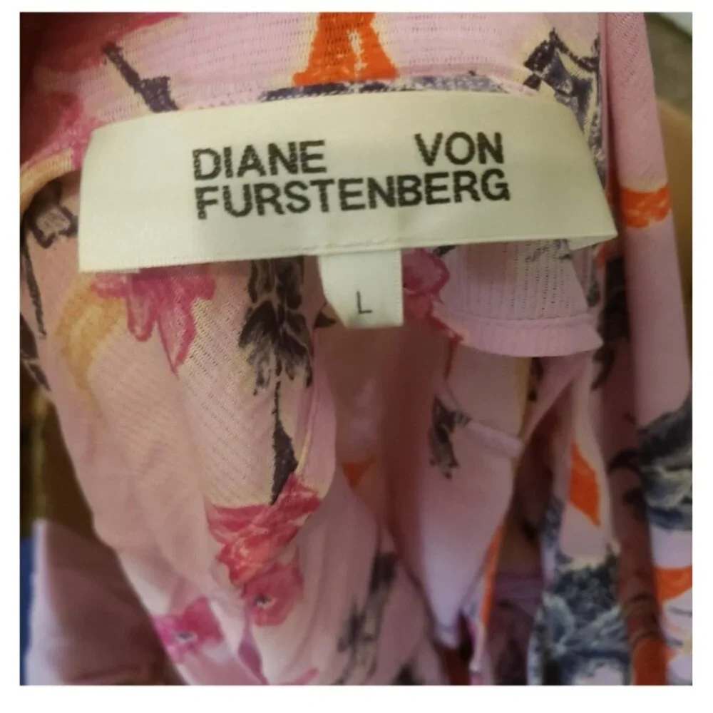 Diane Von Furstenberg Dress Womens Large Nala Flare Pink Floral Smocked Cottage - Picture 4 of 11